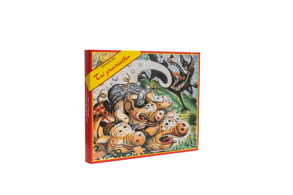 Bočný pohľad na krabicu stolovej hry Tri prasiatka od Miaplay s originálnou ilustráciou prasiatok a vlka