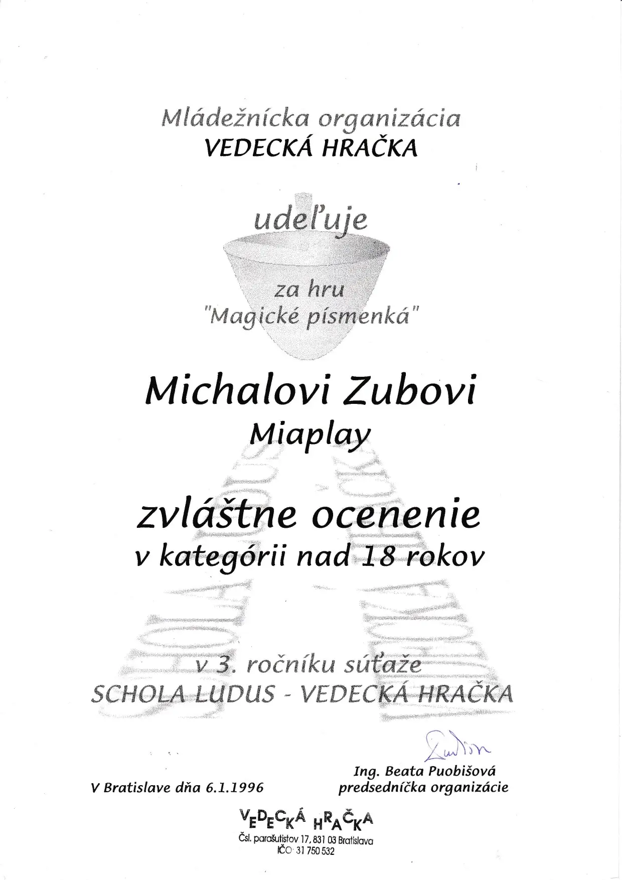 Originál diplomu Schola Ludus – Vedecká hračka pre autora Michala Zuba za hru Magické písmenká z roku 1996
